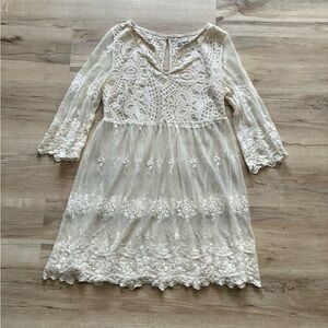 White Sheer Embroidered Elegant Lace Dress with Gold Trim